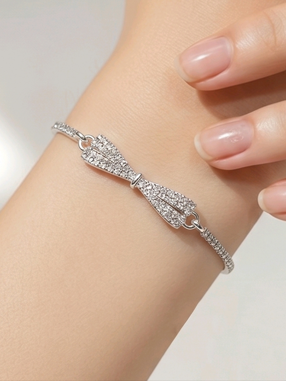 Rhinestone Bow Bracelet Stainless Steel Adjustable Minimalist Dainty Sparkle